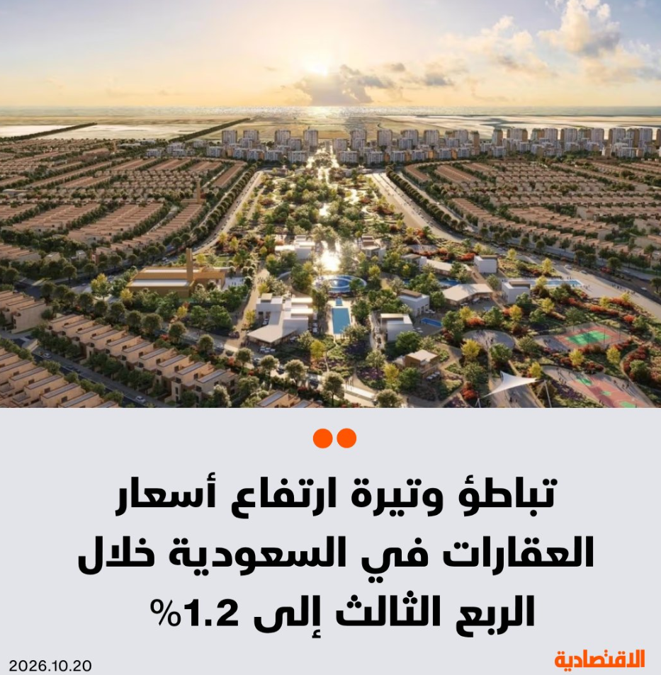 عاجل | تباطؤ وتيرة ارتفاع أسعار العقارات في السعودية خلال الربع الثالث من العام الجاري إلى 1.2% على أساس سنوي، وفق بيانات الهيئة العامة للإحصاء الصادرة اليوم